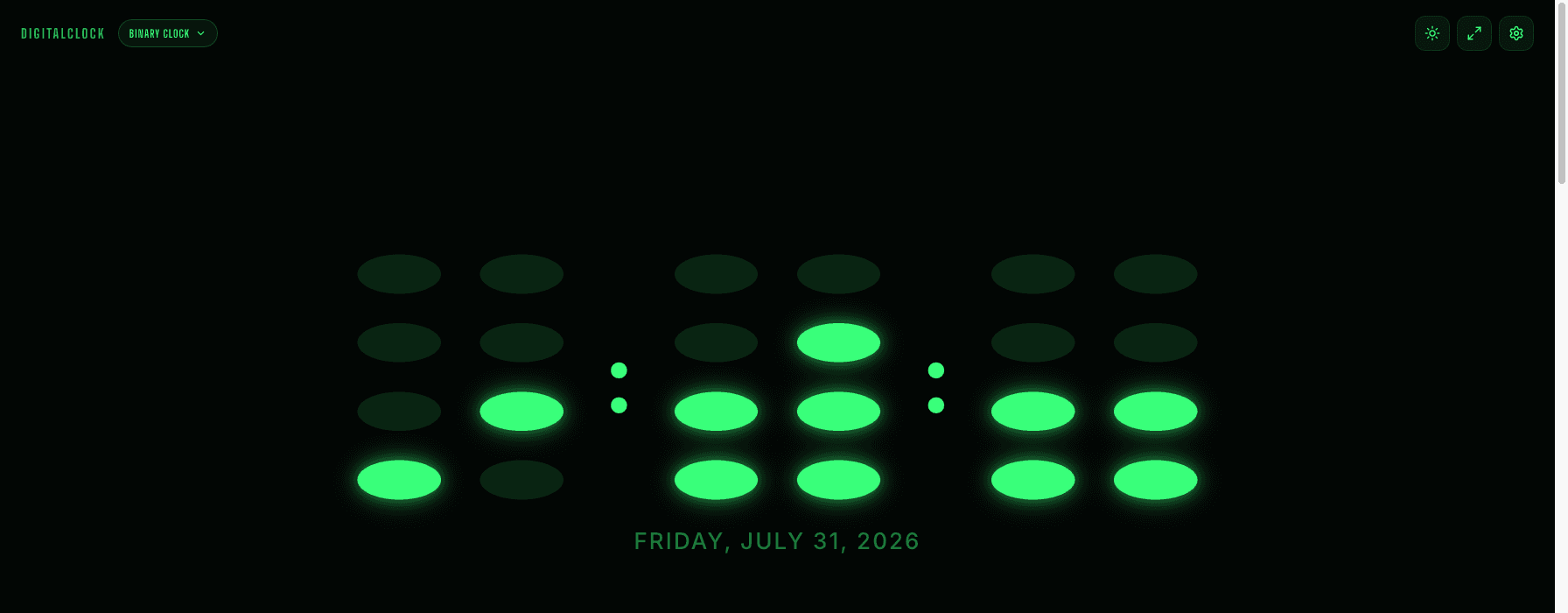 The online binary clock in the Binary Green theme, glowing dots reading like a classic computer terminal