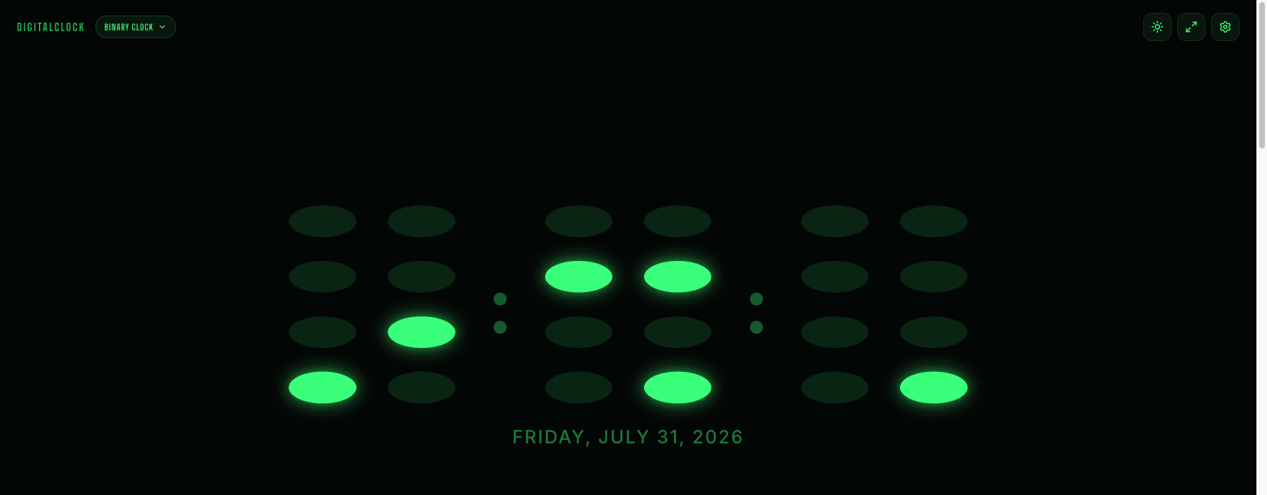 Online binary clock frozen at 12:45:01, showing six columns of lit and unlit dots for hours, minutes, and seconds