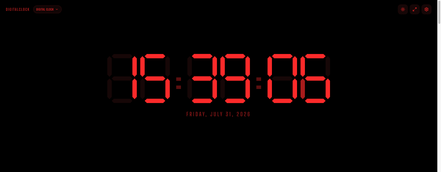 The online digital clock in the LED Red theme, dimmer high-contrast digits suited to cooking after dark