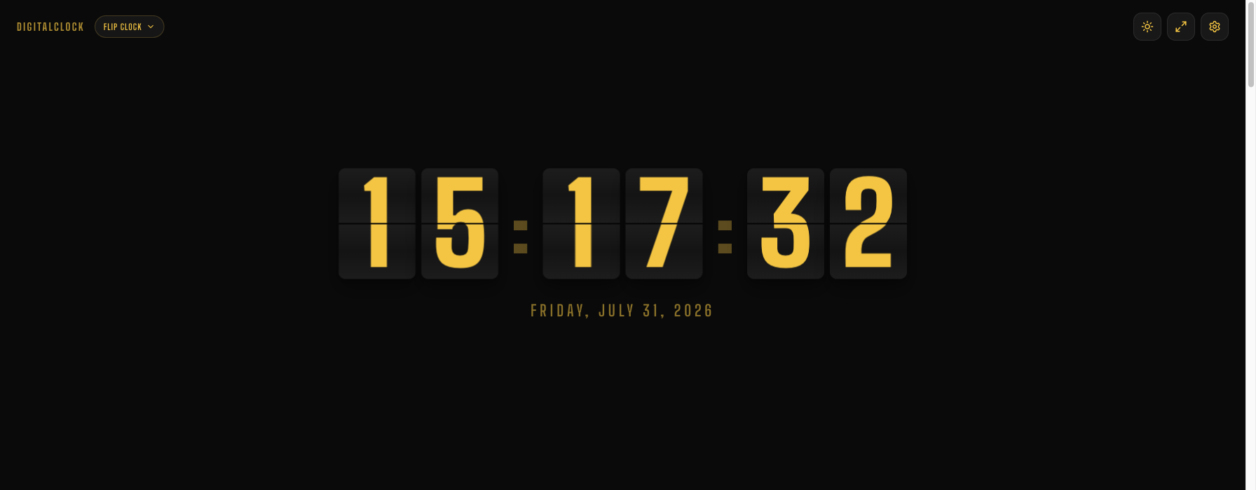The online flip clock in the Flip Noir theme, showing hours, minutes, and seconds in a browser tab