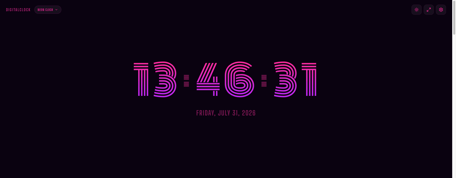 The online neon clock in the Neon Pink theme, a pink-to-purple gradient glowing against a dark background