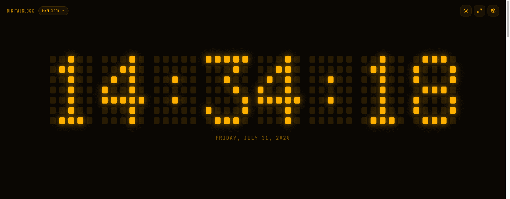 The online pixel clock in the Pixel Amber theme, dot-matrix digits glowing like an old amber CRT terminal