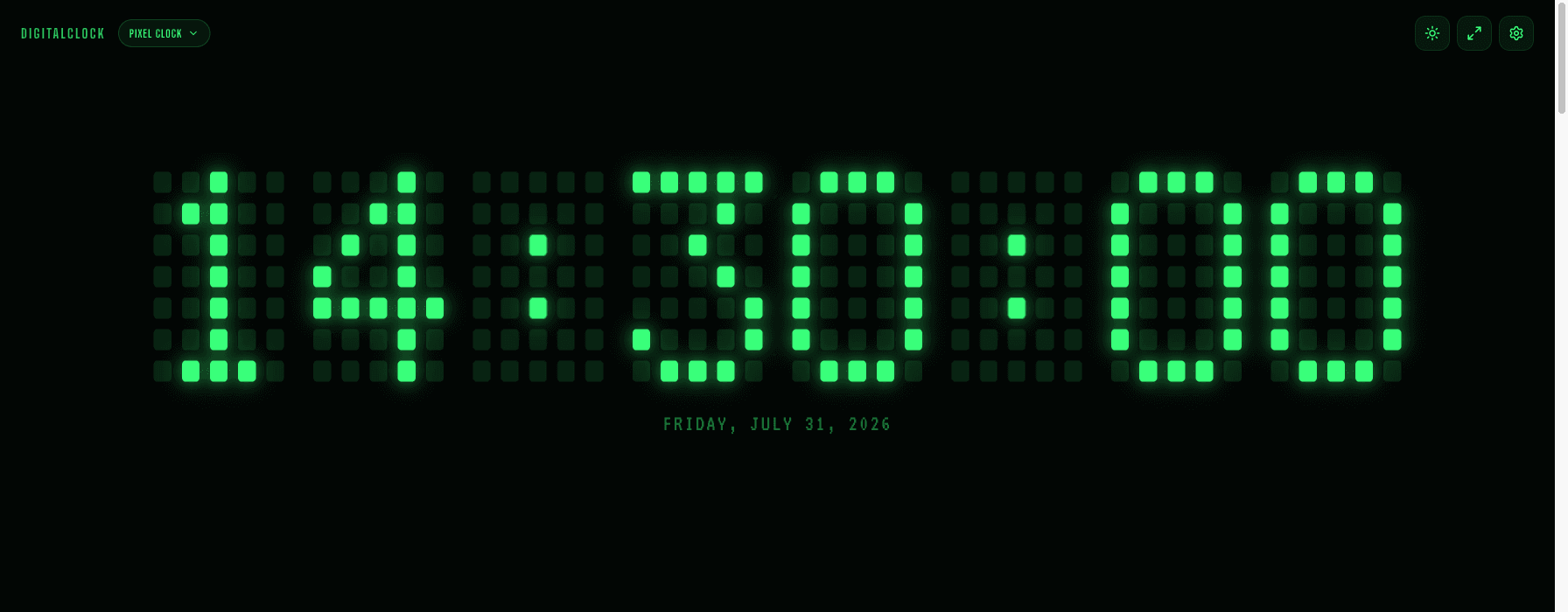 The online pixel clock in the Pixel Green theme, glowing dot-matrix digits against a near-black background suited to OBS Chroma Key