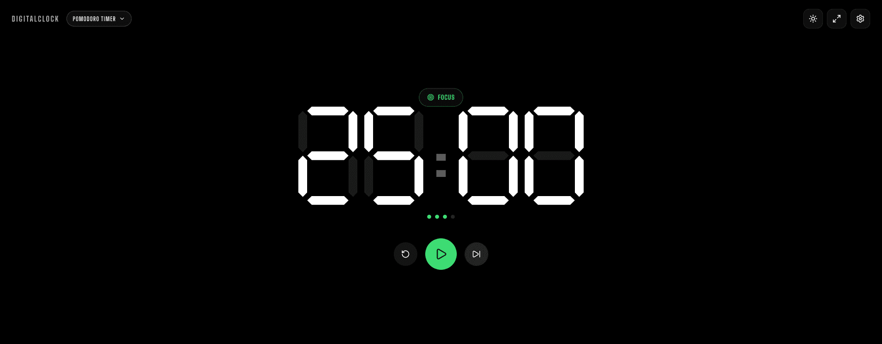 The Pomodoro Timer in the Focus phase with 3 of 4 round dots filled in, one Focus session away from the Long Break