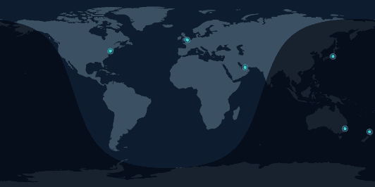 The World Clock's map with a curved shaded band showing which regions are currently in night, city pins marking New York, London, Dubai, Tokyo, Sydney, and Auckland