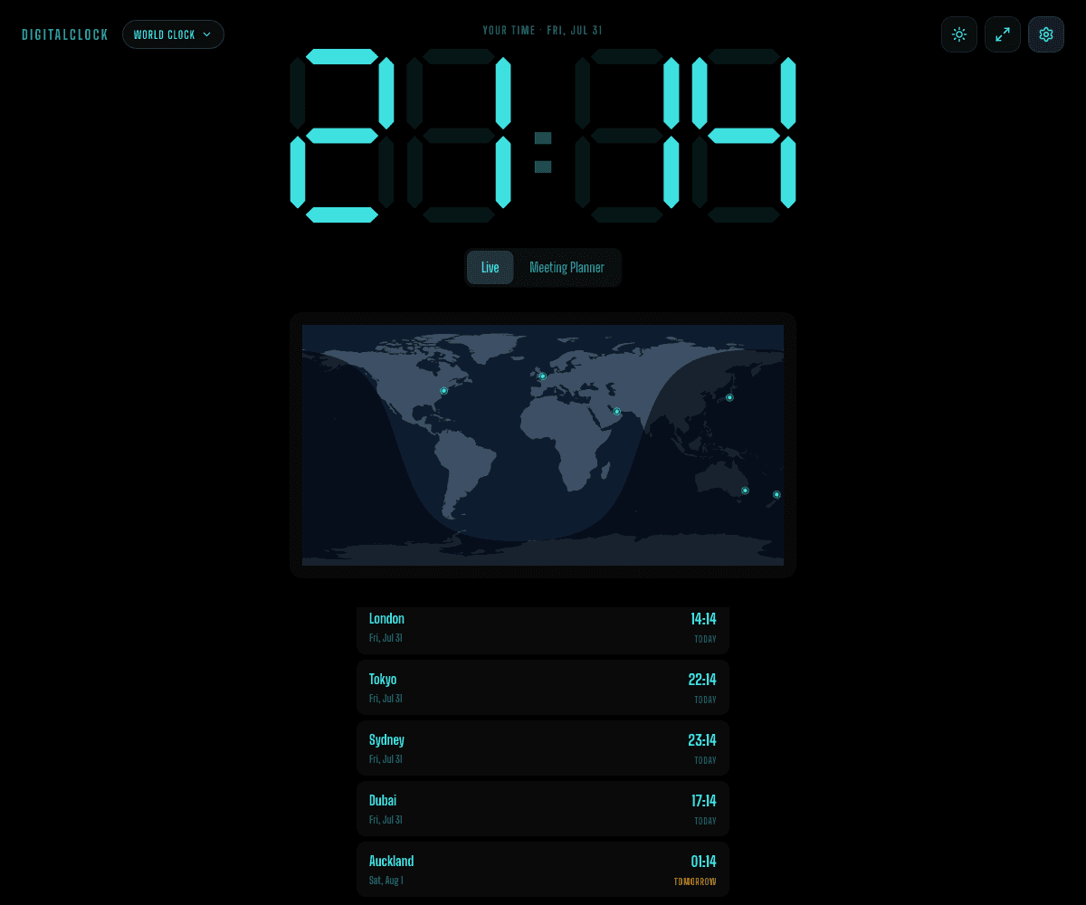 The World Clock's city list showing 'Your Time · Fri, Jul 31' at top while Auckland below is labeled Sat, Aug 1 and Tomorrow
