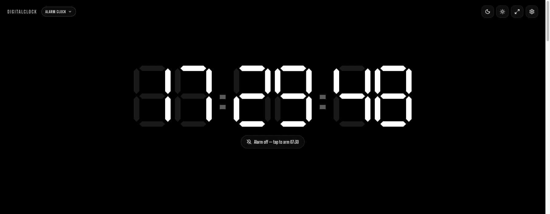 The online alarm clock showing the current time alongside an armed 07:30 wake-up alarm, unrelated to how much time is left right now