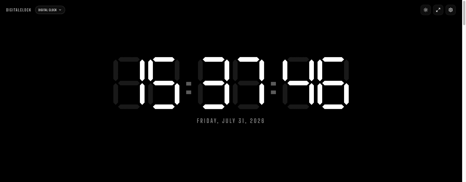 The online digital clock in the LED White theme with the date shown below the time, in large plain seven-segment digits
