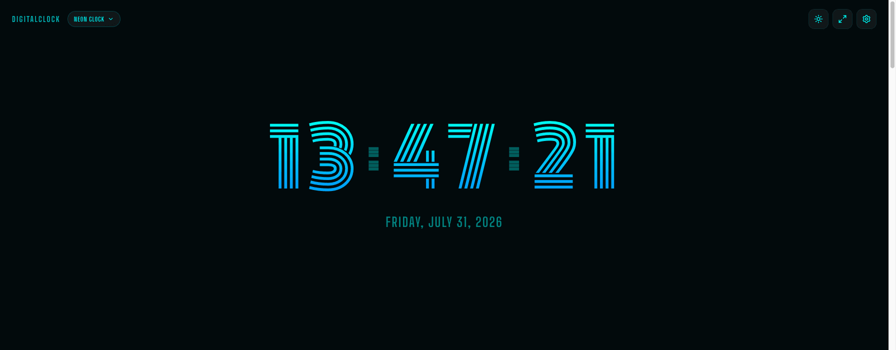 The online neon clock in the Neon Cyan theme, a cyan-to-blue gradient glowing against a dark room