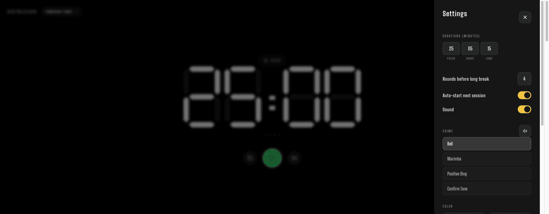 The Pomodoro Timer's Settings panel, showing adjustable Focus, Short, and Long durations, rounds before a long break, Auto-start, and four chime options