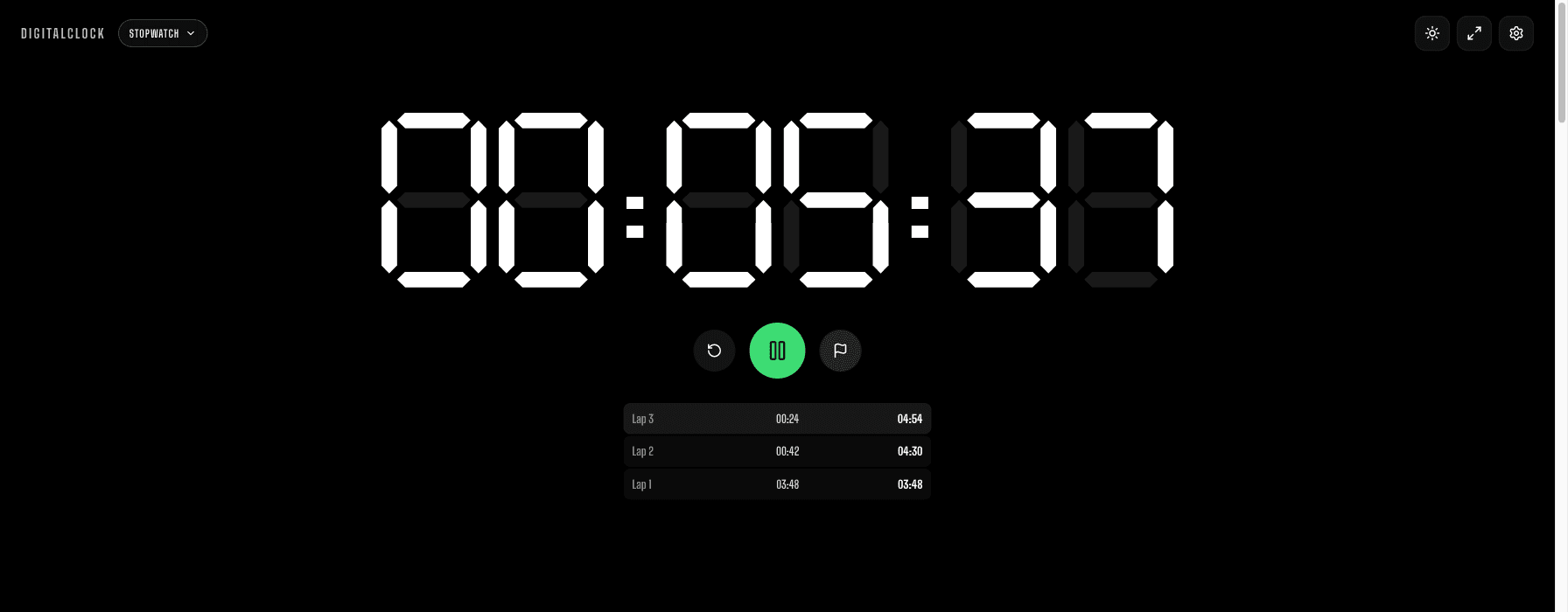 The online stopwatch running with three recorded laps, each showing its split time and running total