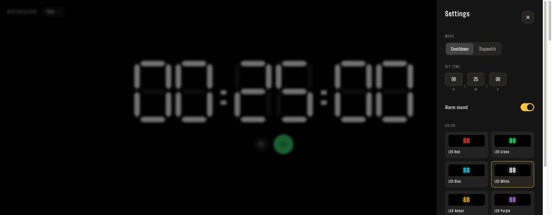 The online timer's Settings panel, showing the Mode toggle between Countdown and Stopwatch on the same page